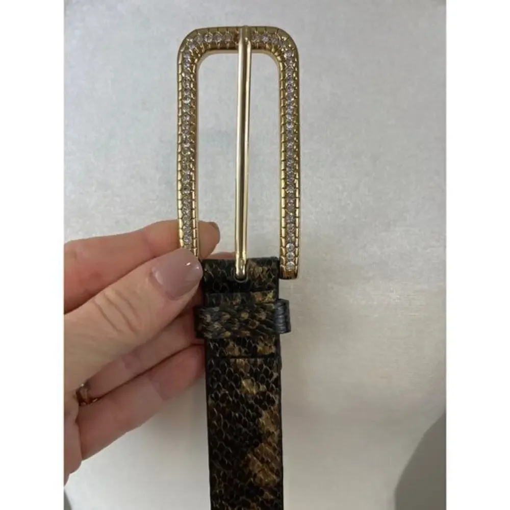 Express Snakeskin Print Leather Belt Womens S Black Gold‎ Rhinestone Buckle Chic
